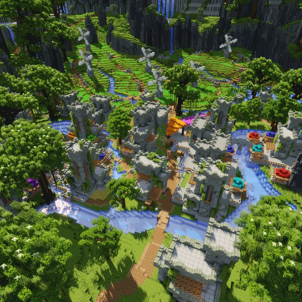 A town in Minecraft Varia Skyblock factions server spawn hub map